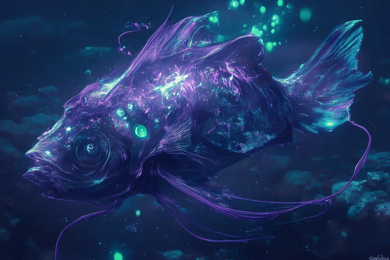 綺麗な魚の神秘的な光彩｜紫と青の光を放つ綺麗な魚は、神秘性と独創性を兼ね備えた表現が印象的です。先進的で特別感のあるビジュアルを必要とするプロジェクトに活用できます。