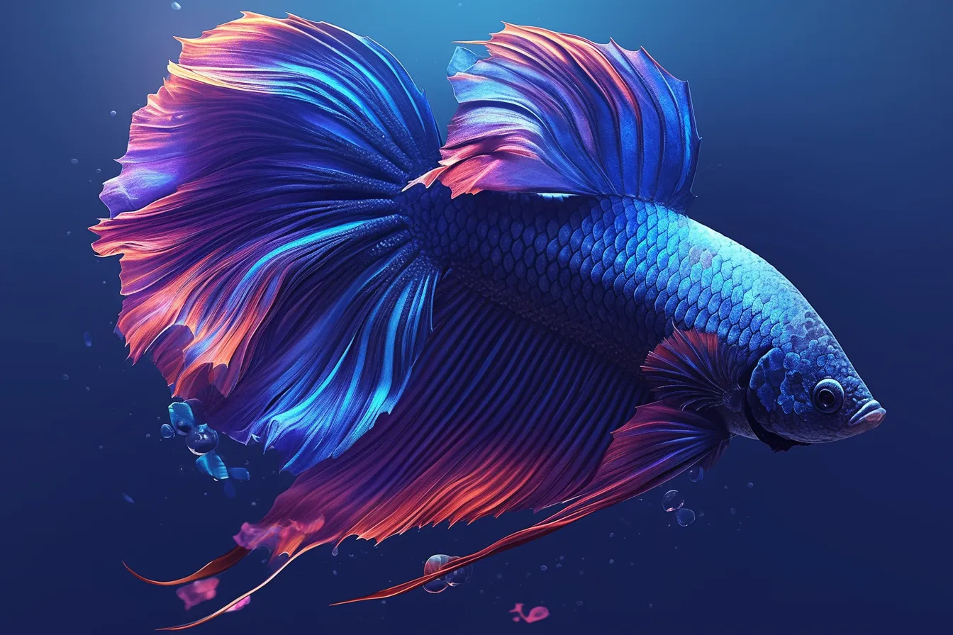 綺麗な魚の美しいベタアップ｜鮮やかな青と赤が映える綺麗な魚のベタは、迫力あるアップ表現で存在感を放ちます。広告やポスターに使うことで強い印象を与える効果があります。
