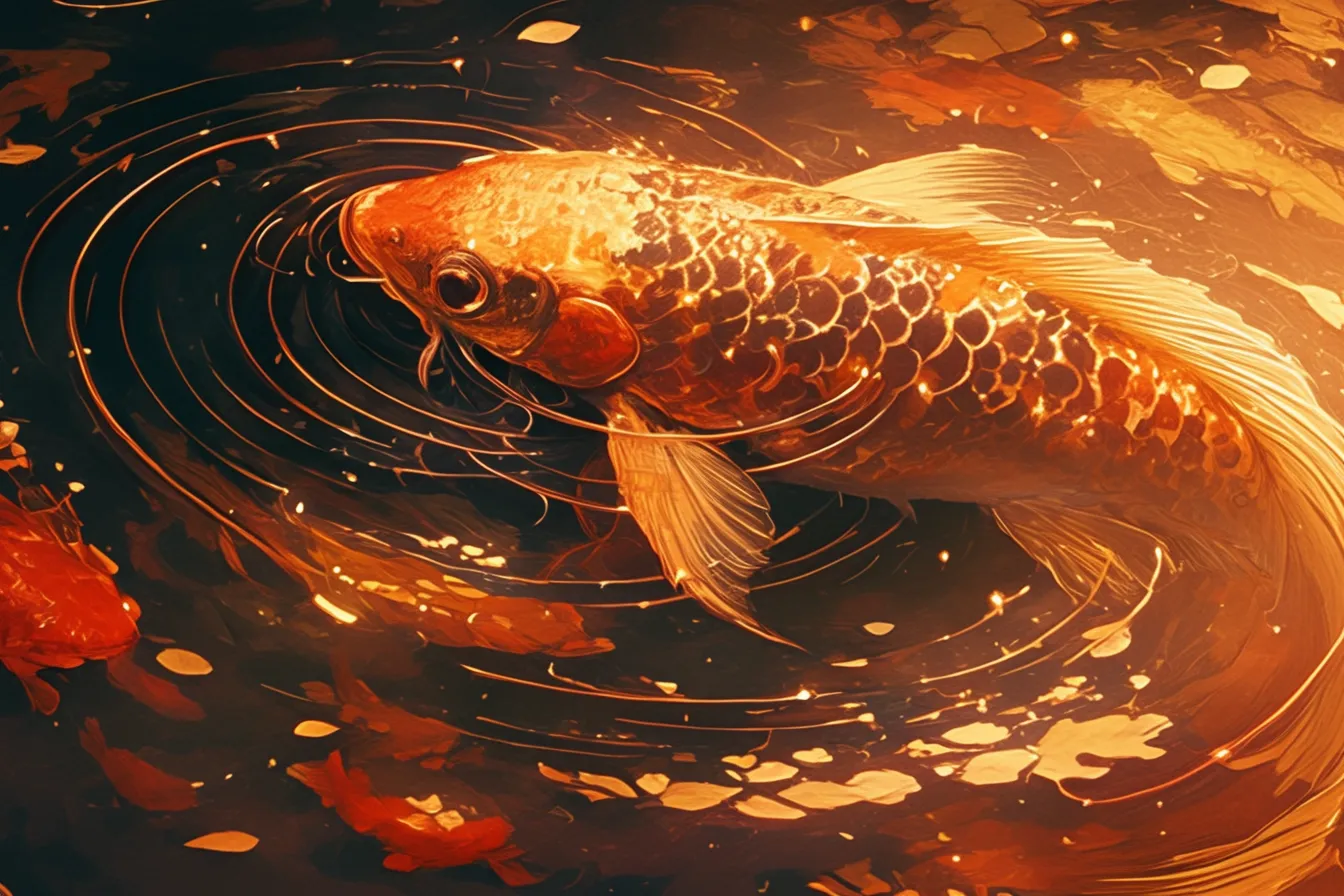 綺麗な魚の秋色の鯉｜紅葉の色彩と調和する綺麗な魚の鯉は、温もりと季節感を強く表現しています。ビジネス素材として秋イベントやキャンペーンに活用しやすいビジュアルです。