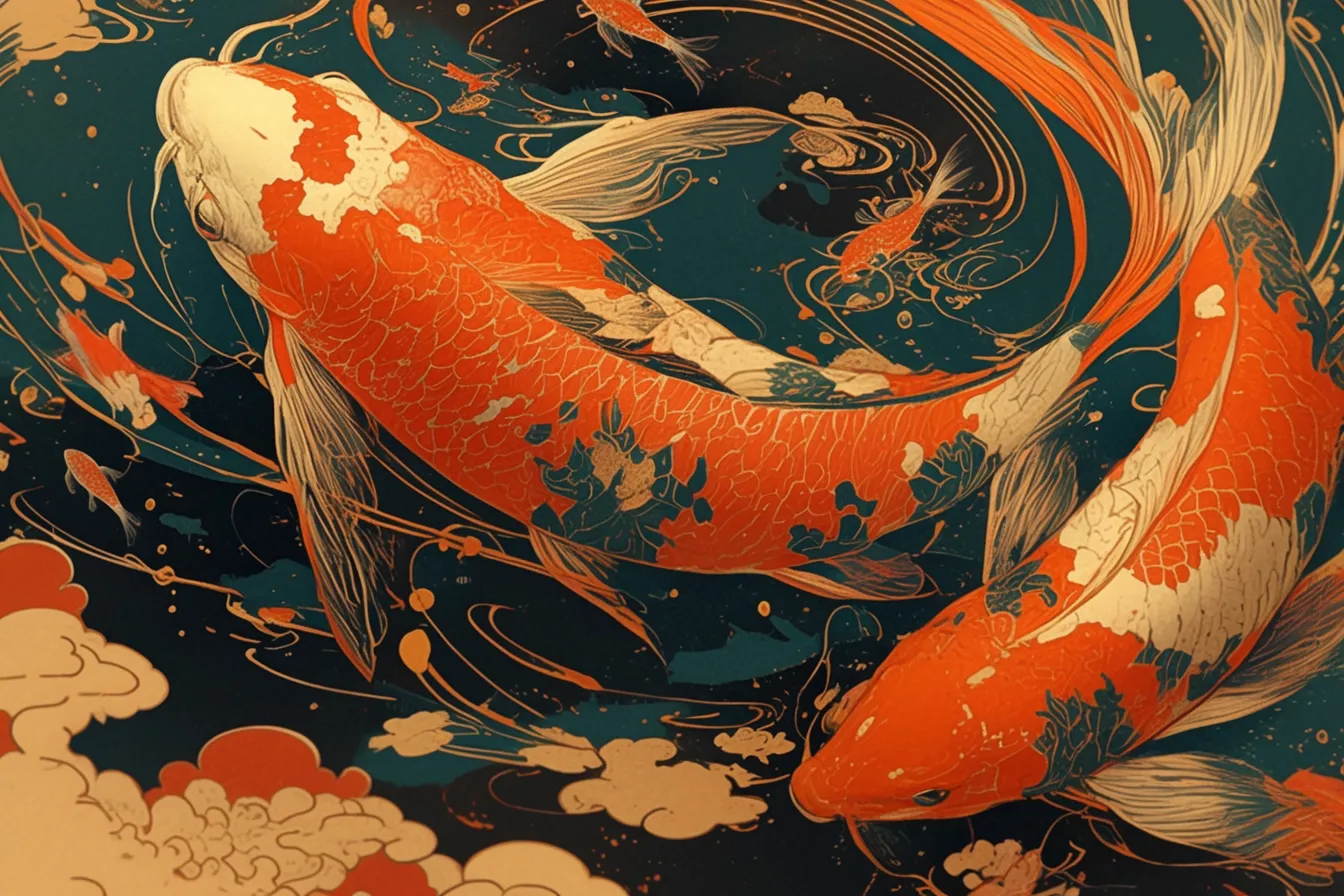 綺麗な魚の伝統的鯉描写｜日本的な装飾表現で描かれた綺麗な魚の鯉は、文化的な深みと豪華さを兼ね備えています。伝統や格式を強調するビジネス素材として適しています。