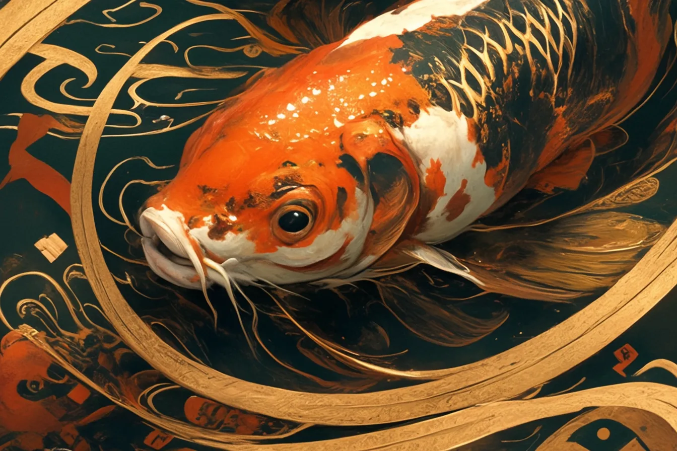 綺麗な魚の豪華な錦鯉｜金色の装飾を背景に映える綺麗な魚の錦鯉は、伝統と高級感を兼ね備えています。広告やブランディング素材として格式や上質さを強調する場面に適しています。