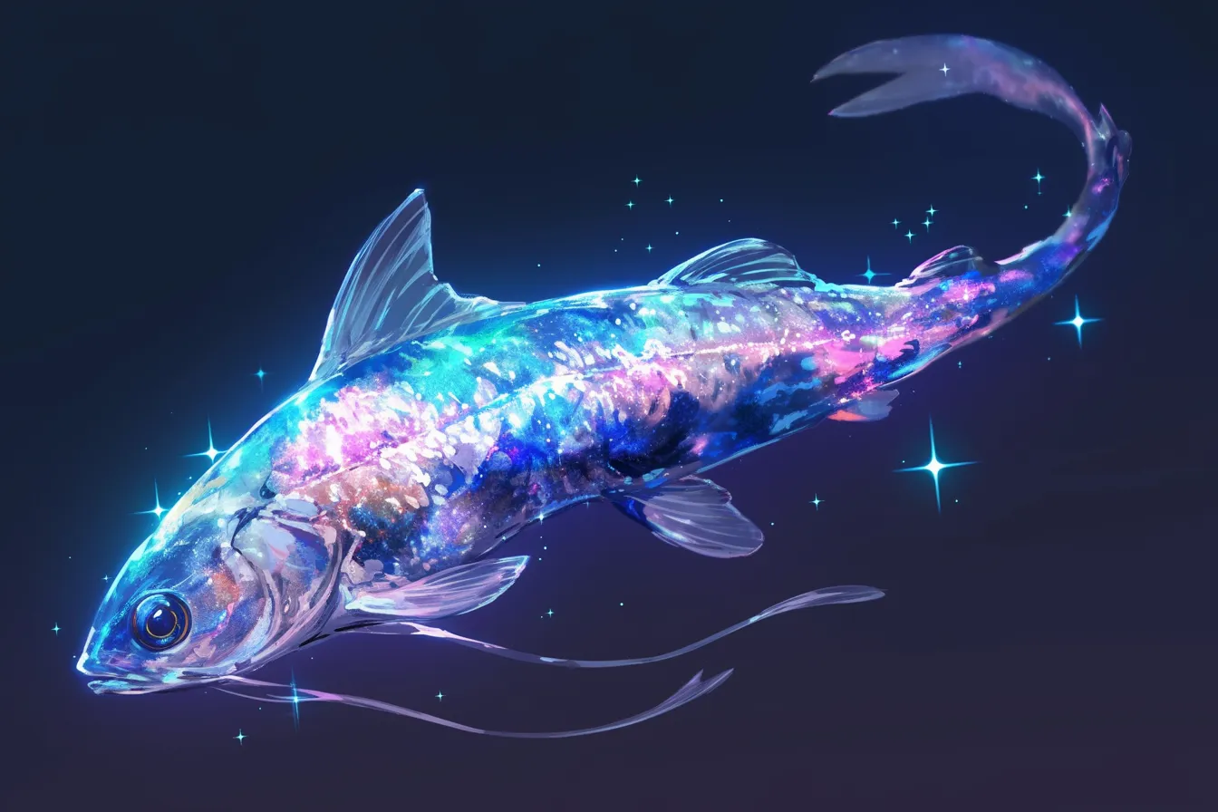 綺麗な魚の銀河をまとう姿｜夜空を思わせる光を放つ綺麗な魚は、幻想的で未来的な雰囲気を演出します。革新性や独自性を訴求するビジネス素材に最適です。