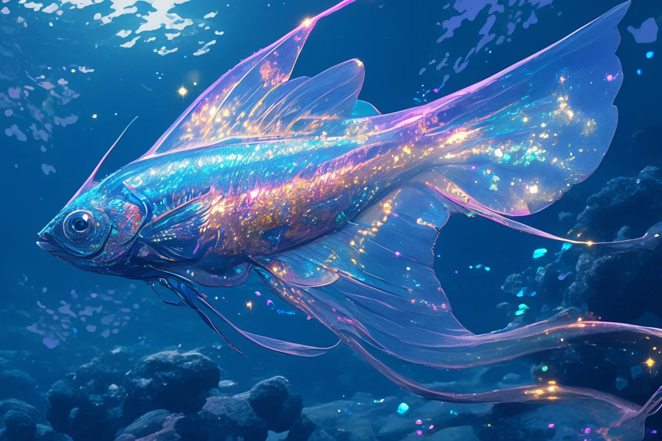 綺麗な魚の光輝く幻想水中｜透明感のあるヒレが美しく広がる綺麗な魚は、水中で光を反射して幻想的な存在感を示します。洗練された印象を与えるデザインに活用できます。