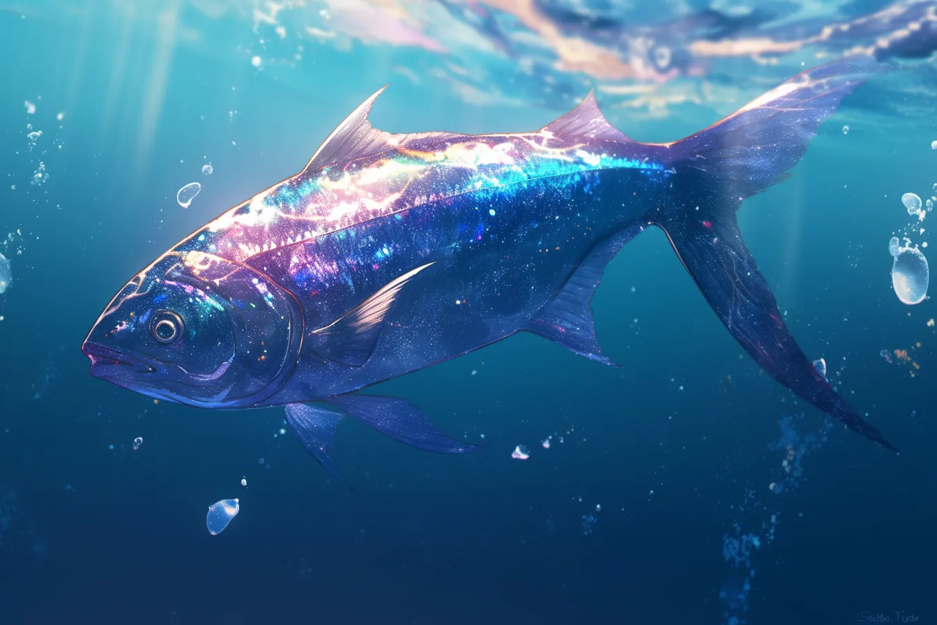 綺麗な魚の輝くブルーシルエット｜海中で光に包まれる綺麗な魚は、清らかで力強い印象を与えます。広告や商品ビジュアルに使うことで、爽やかさと信頼感を表現可能です。