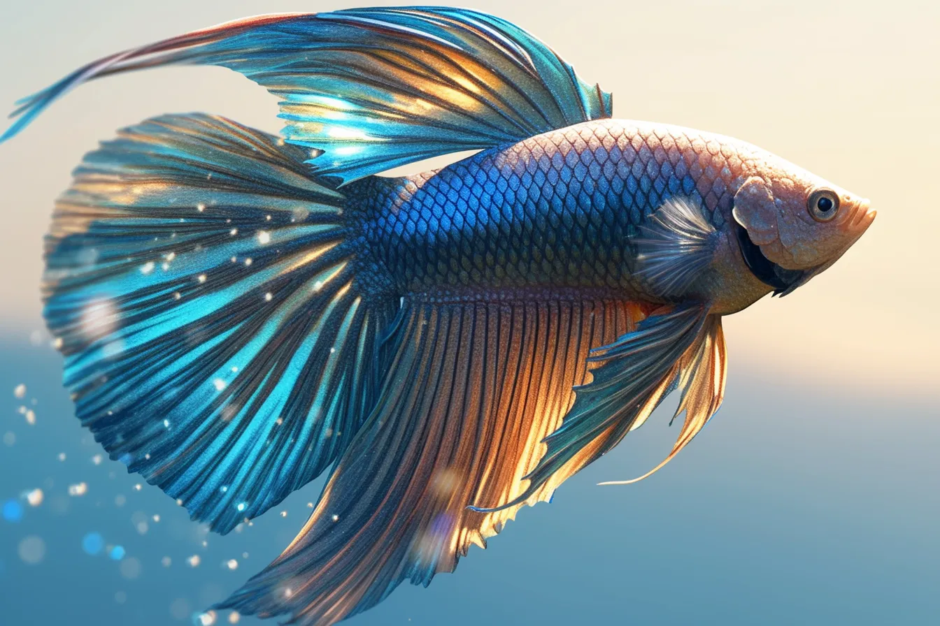 綺麗な魚の優雅に泳ぐベタ｜青と金の光沢をまとった綺麗な魚のベタは、柔らかい光の中で優雅に泳ぎます。上質感と穏やかな雰囲気を演出するビジュアル素材に最適です。