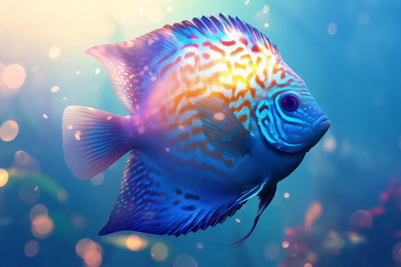 綺麗な熱帯魚ディスカスの横姿｜鮮やかな青とオレンジの模様が光に映える綺麗な熱帯魚ディスカスの姿を描いた素材です。幻想的な水中表現が魅力で、広告や高級感あるデザイン演出に適しています。