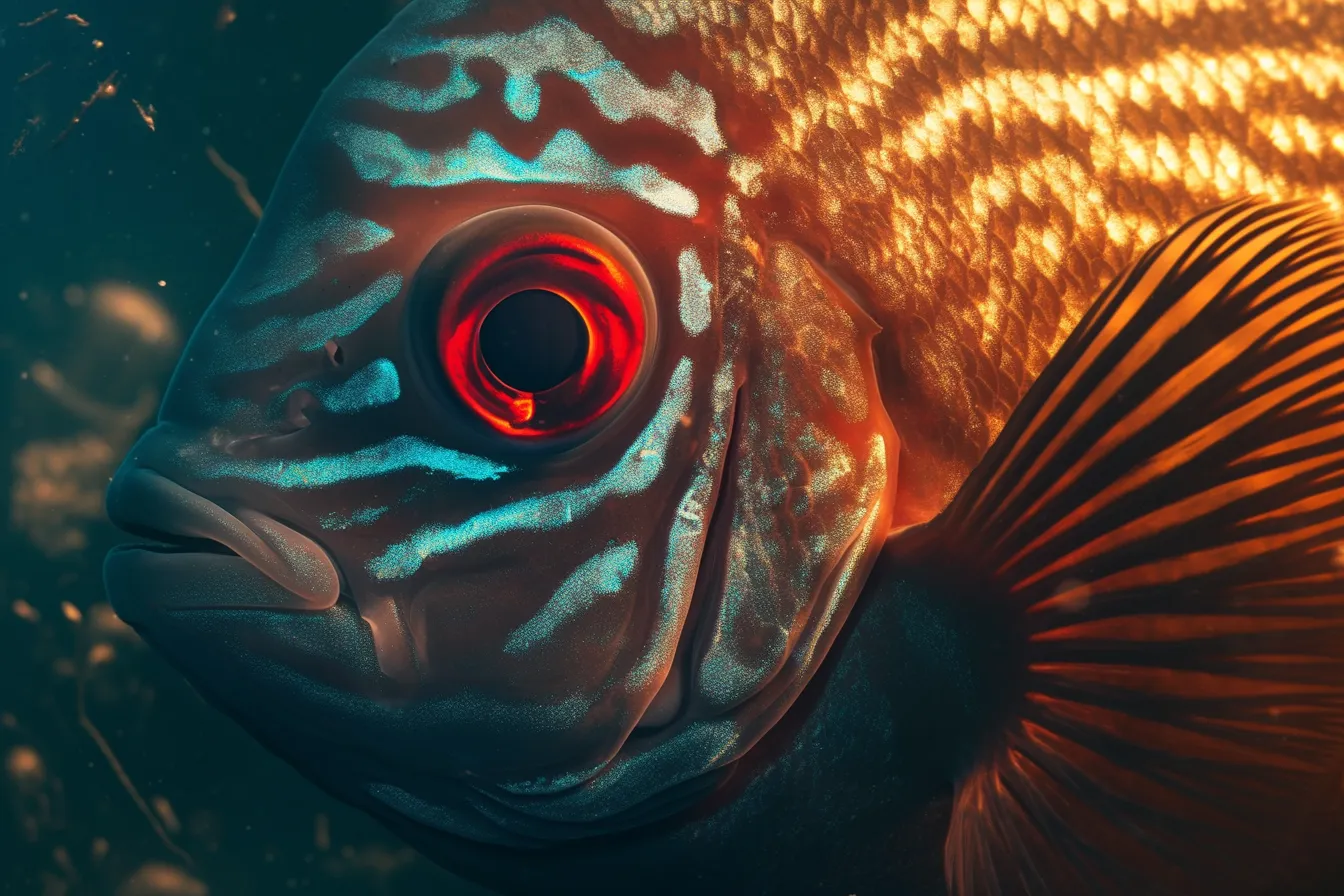 綺麗な熱帯魚ディスカスの接写｜赤い瞳と金属的な輝きが際立つ綺麗な熱帯魚ディスカスの接写表現です。リアル感と迫力のある質感が強調されており、ビジュアル重視の資料やプレゼン素材に使いやすい印象です。