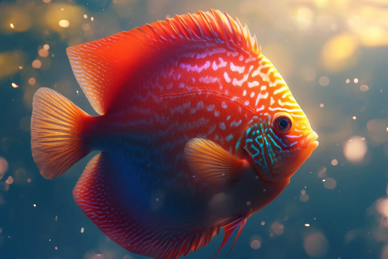 綺麗な熱帯魚ディスカスの赤彩色｜赤を基調にブルーの模様が光る綺麗な熱帯魚ディスカスを華やかに描いたイメージです。暖色系の背景に調和し、インパクトのあるデザイン用途に適したビジネス素材です。