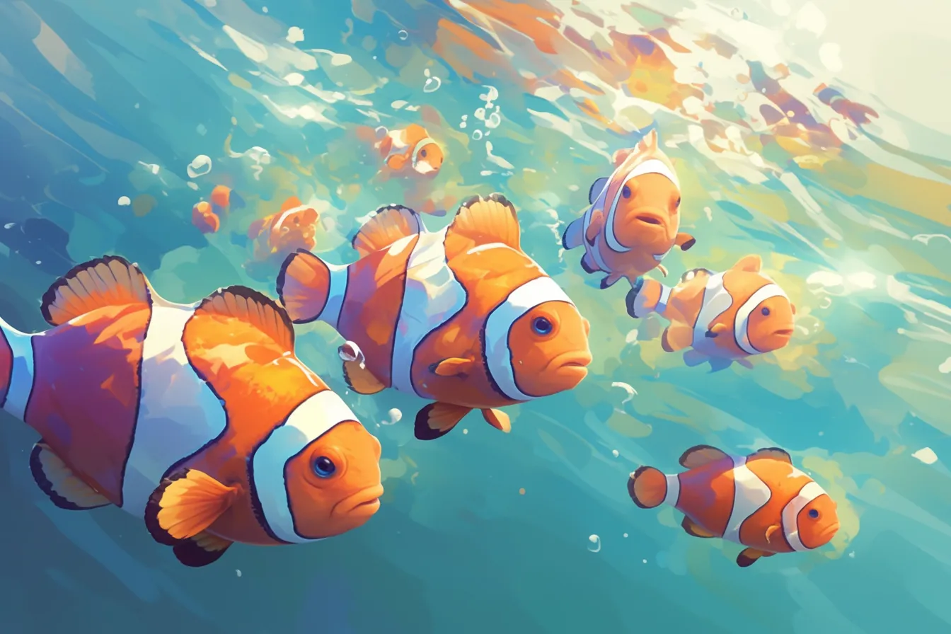 綺麗な熱帯魚カクレクマノミ群れ｜群れで泳ぐ綺麗な熱帯魚カクレクマノミが柔らかい光に包まれた表現です。ポップで親しみやすいタッチが魅力で、子ども向けや観光案内など幅広い用途に活用できます。