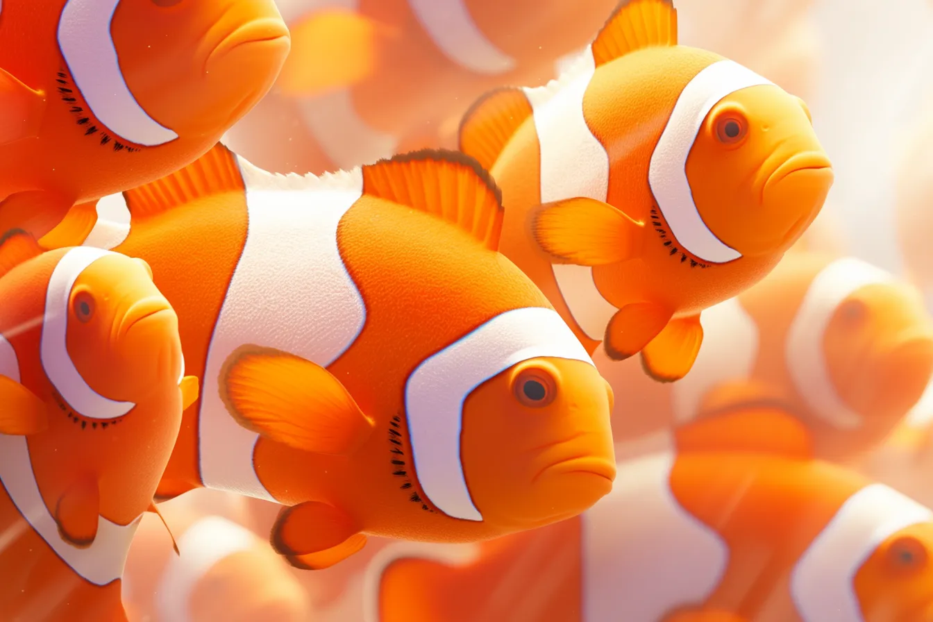 綺麗な熱帯魚カクレクマノミの拡大群｜鮮やかなオレンジと白の模様を際立たせた綺麗な熱帯魚カクレクマノミを大きく描写。光沢感のある仕上がりが印象的で、広告や教育向け資料に適した素材です。