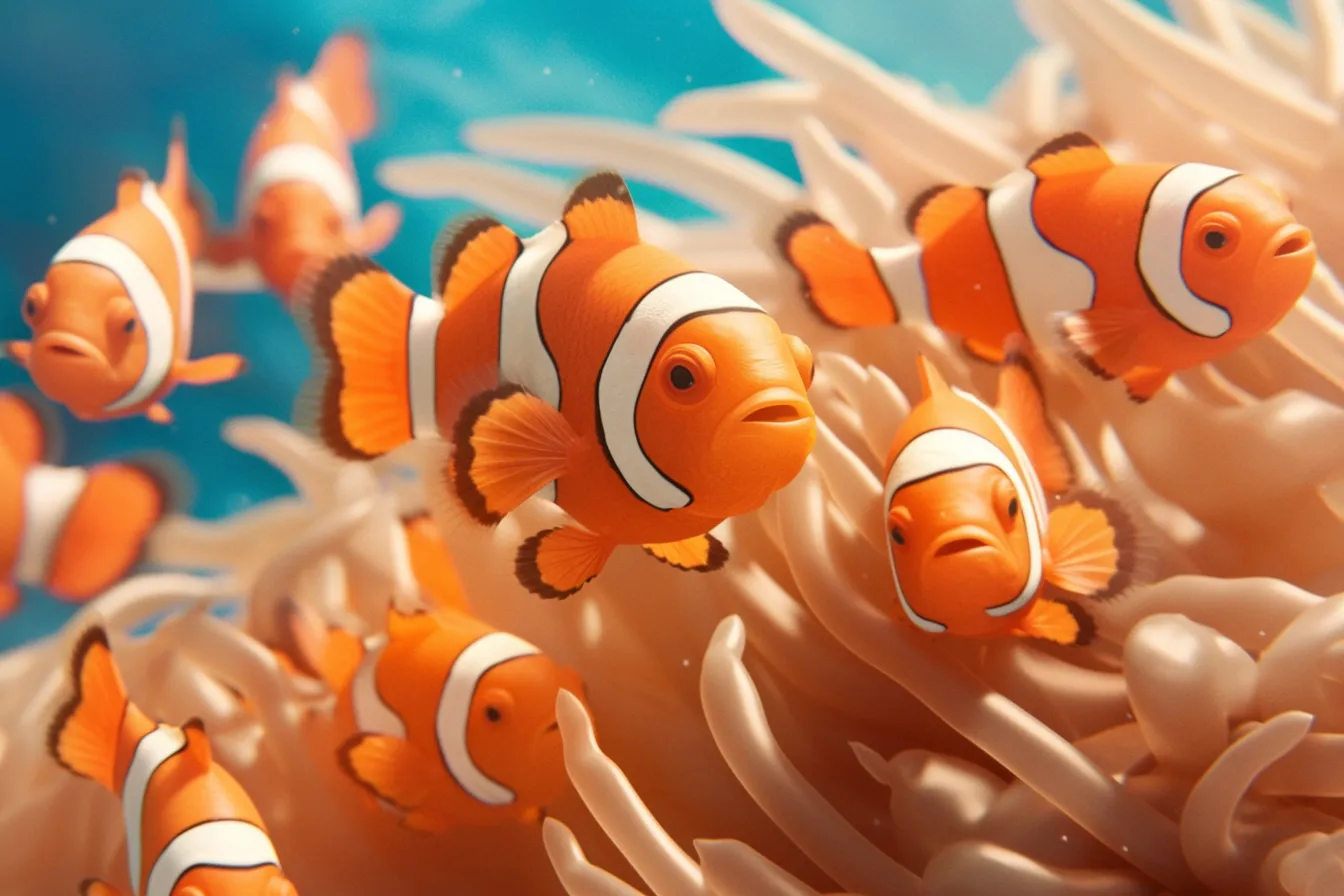 綺麗な熱帯魚カクレクマノミとイソギンチャク｜イソギンチャクの間を泳ぐ綺麗な熱帯魚カクレクマノミが柔らかい質感で描かれています。自然の生態を感じさせる表現が魅力で、エコや環境関連のコンテンツに活用しやすい素材です。