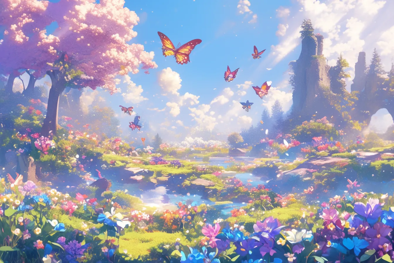 綺麗な蝶々が舞う春の風景｜花咲く風景に舞う綺麗な蝶々が描かれ、華やかで希望に満ちた印象を与えます。鮮やかな色彩と幻想的な光が合わさり、広告やプレゼンでポジティブな印象を強調するのに適しています。