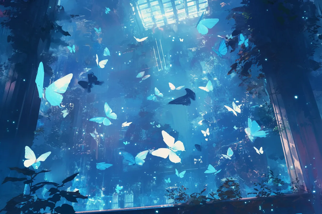 綺麗な蝶々が舞う幻想の青い森｜青を基調とした幻想的な森に綺麗な蝶々が浮かび上がり、透明感のある光が広がります。高級感ある演出で、広告やプレゼン素材に印象的な雰囲気を与える写真です。