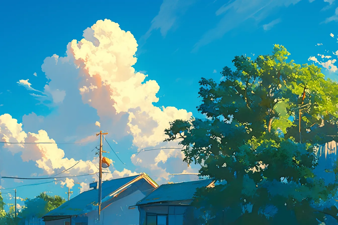 住宅街と夏雲が調和する綺麗な雲｜住宅街の屋根と樹木の上に浮かぶ入道雲が描かれ、日常の一瞬を切り取ったような雰囲気。親しみやすい綺麗な雲の写真素材です。