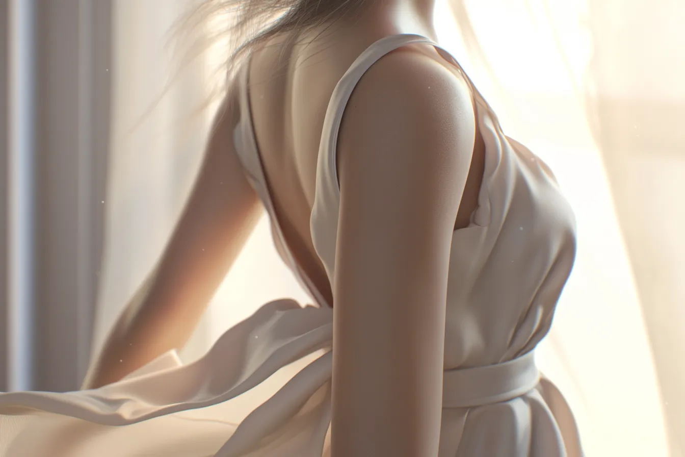 綺麗なドレスが柔らかに揺れる姿｜光と風に揺れる生地感を繊細に表現した綺麗なドレスが、優雅で自然な美を演出します。落ち着いた高級感を求めるプレゼンやブランド素材に有用です。