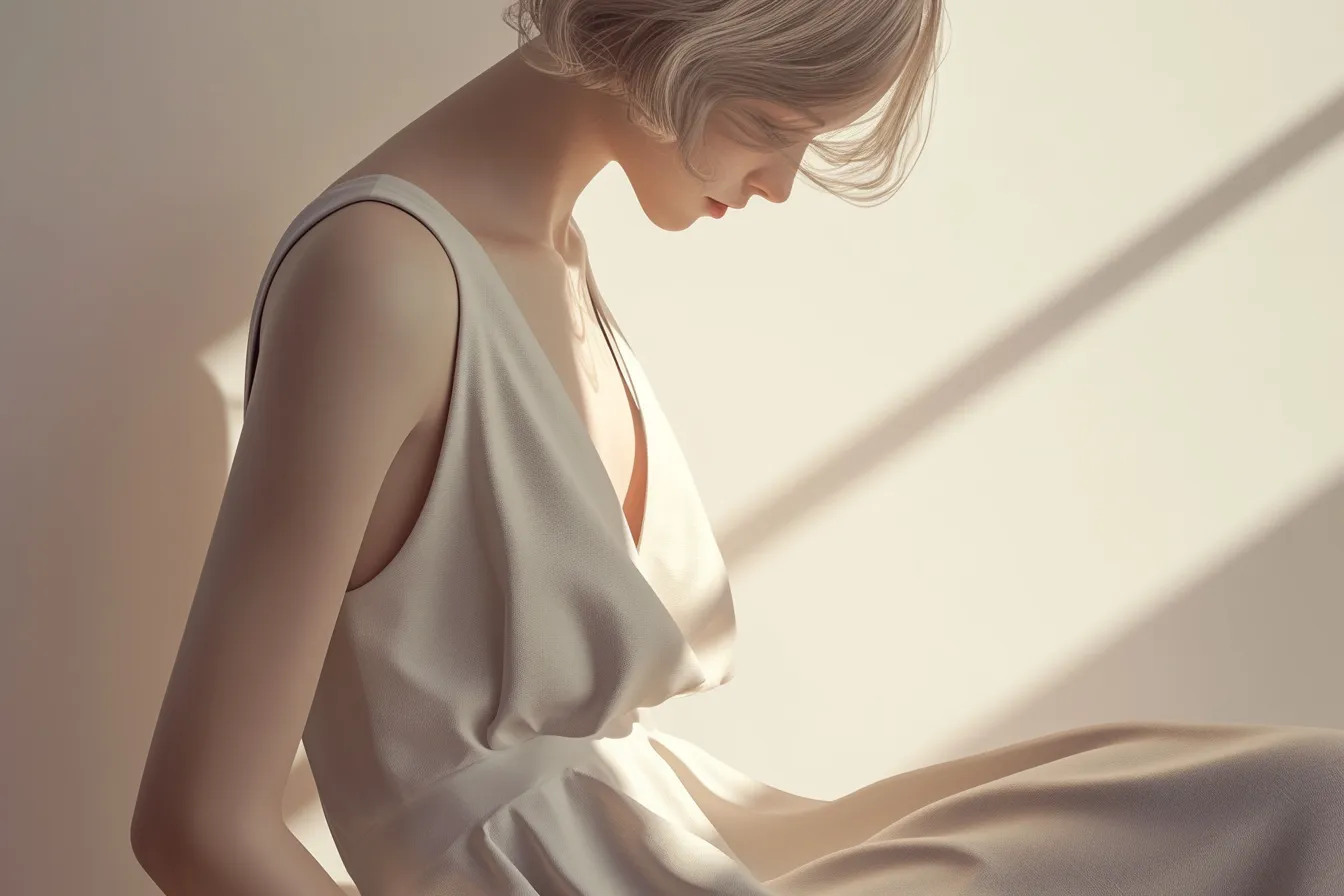 綺麗なドレスに包まれる優雅な女性｜自然光の中で柔らかに映える綺麗なドレスが、上品で女性らしい佇まいを引き立てます。ファッションやコスメ関連の広告に映える素材です。