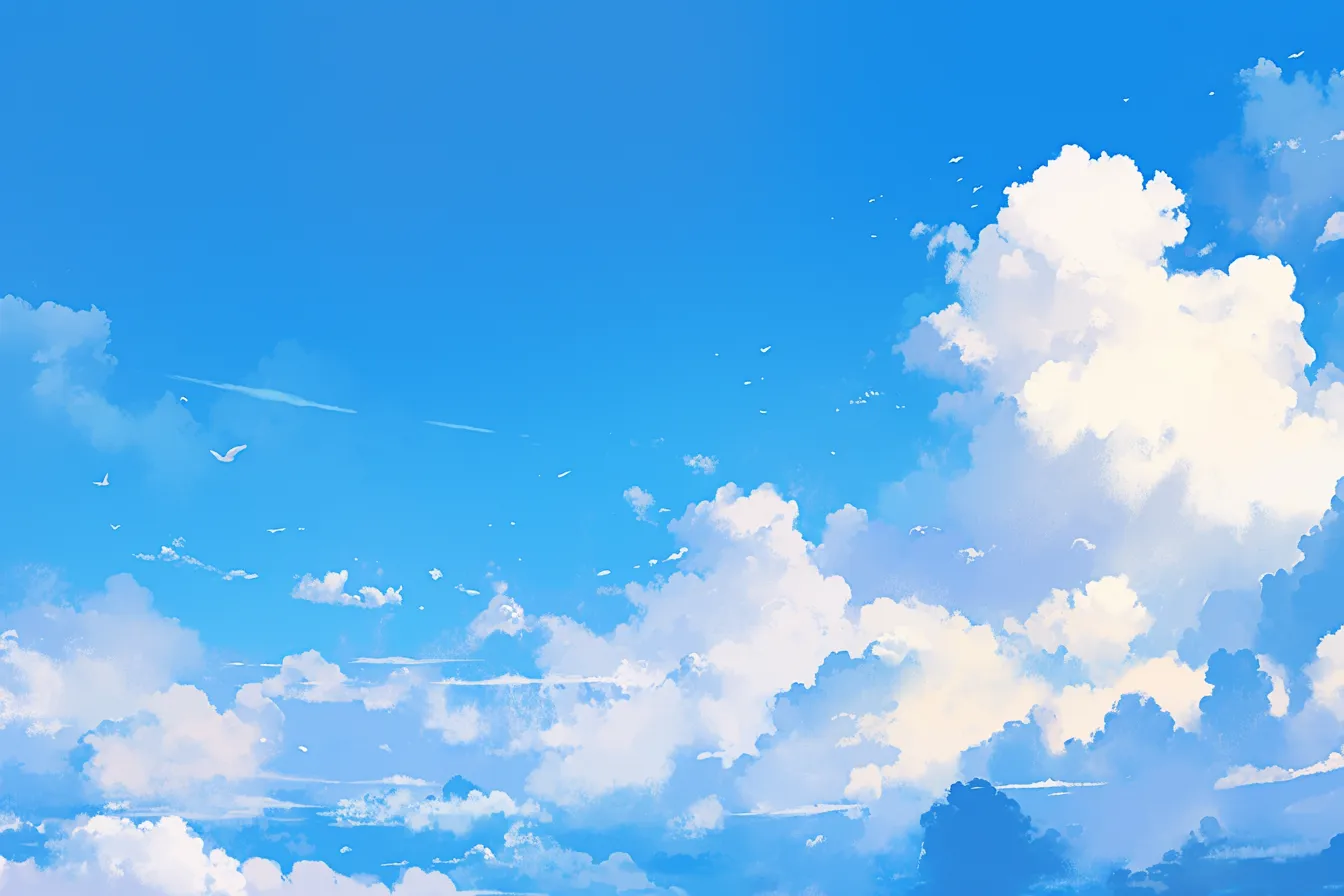 白い鳥が舞う空と綺麗な雲｜青空に広がる柔らかな雲と鳥たちがアクセントになり、動きを感じさせる綺麗な雲の素材です。