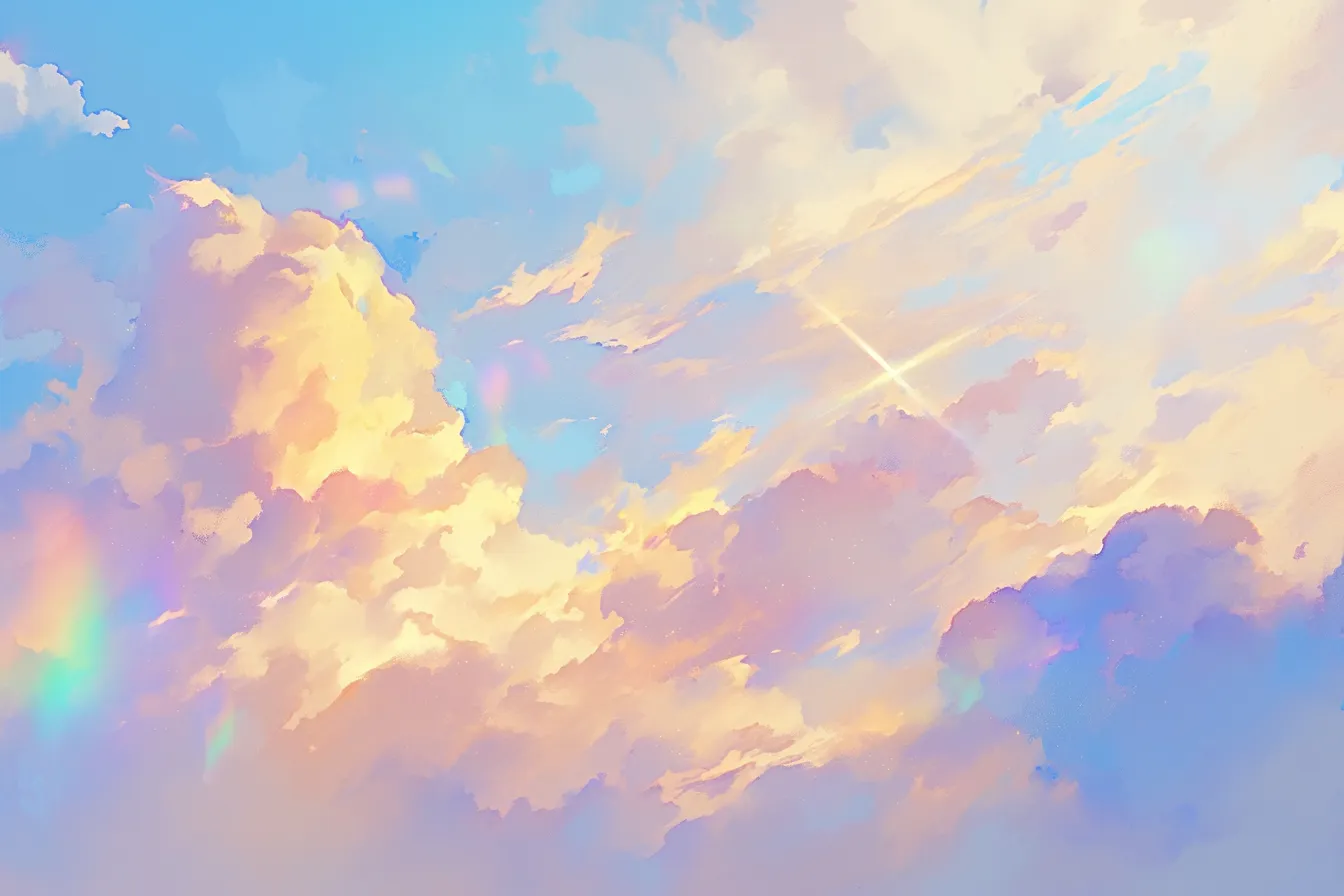 柔らかい光に包まれる綺麗な雲｜淡いオレンジと青が溶け合い、空全体が優しい光で満たされています。温かみを感じさせる綺麗な雲の素材です。