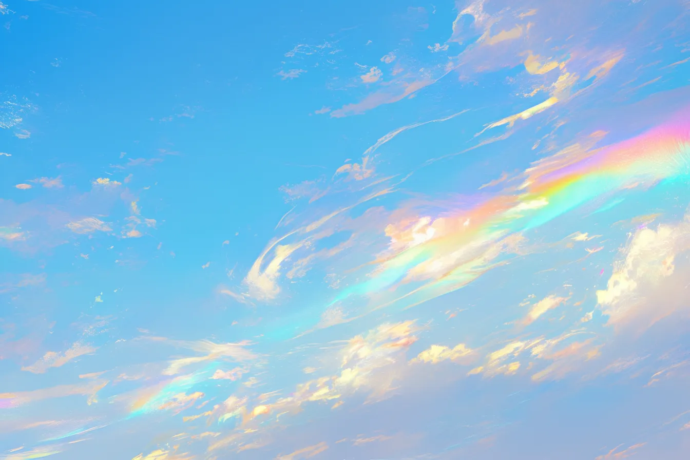 虹色に輝く空と綺麗な雲｜光の反射で虹色に染まった雲が描かれ、幻想的で明るい印象を与える綺麗な雲の写真素材です。