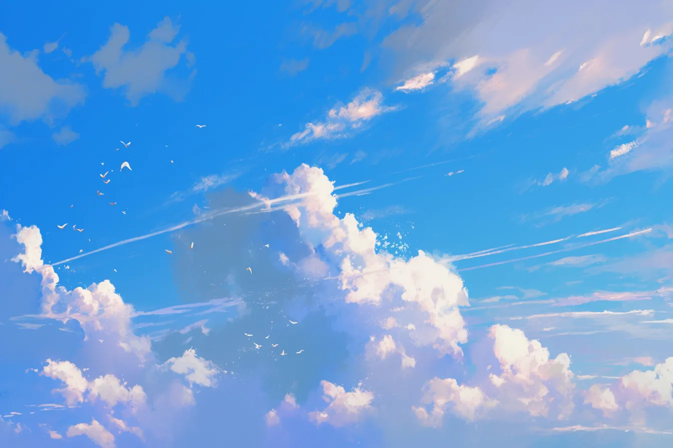 飛行機雲と青空に広がる綺麗な雲｜白い飛行機雲とふわふわした積雲が重なり、動きと爽快感を感じさせる綺麗な雲の写真素材です。