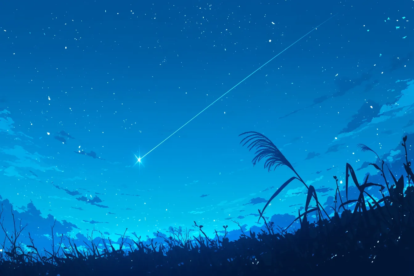 草原の上に輝く綺麗な星｜草むら越しに大きな流れ星が映える構図で、鮮やかなブルーの色合いが印象的。自然と調和した綺麗な星の素材として幅広く活用できます。