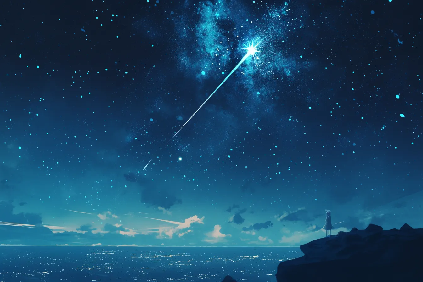街を見下ろす夜空の綺麗な星｜夜景と星が一体化する広がりある表現で、シルエットの人物が物語性を加えています。幻想的な印象を与える綺麗な星の写真素材です。