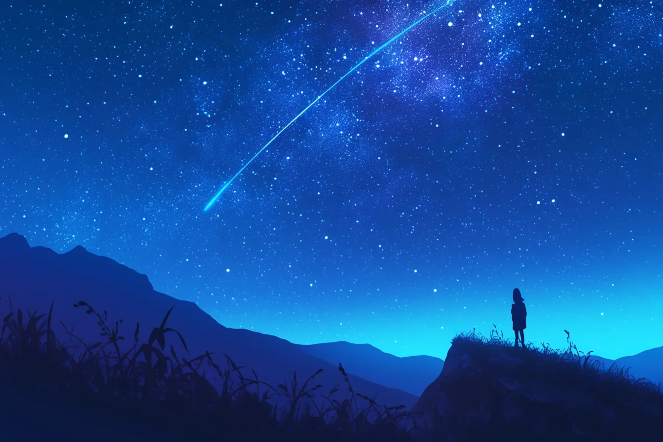 山頂から眺める綺麗な星｜山並みを背景に大きな流星が夜空を横切る構図。深い青のトーンが空間の広がりを強調し、静謐な演出に使える綺麗な星の素材です。