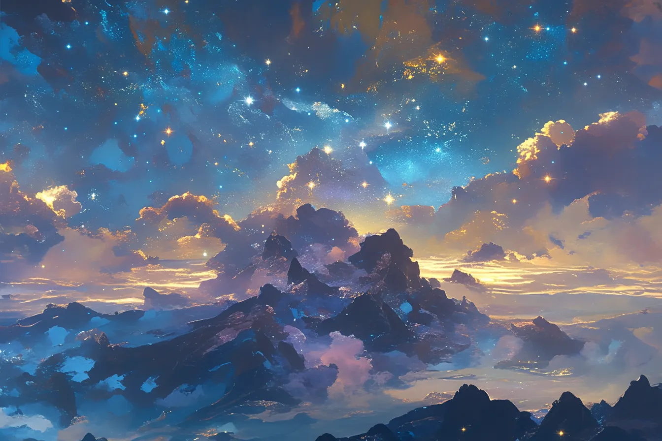 雲と輝きが共鳴する綺麗な星｜幻想的な雲と星々が重なり合い、光の粒が散りばめられたような表現。壮大で夢幻的な雰囲気を伝える綺麗な星の素材です。