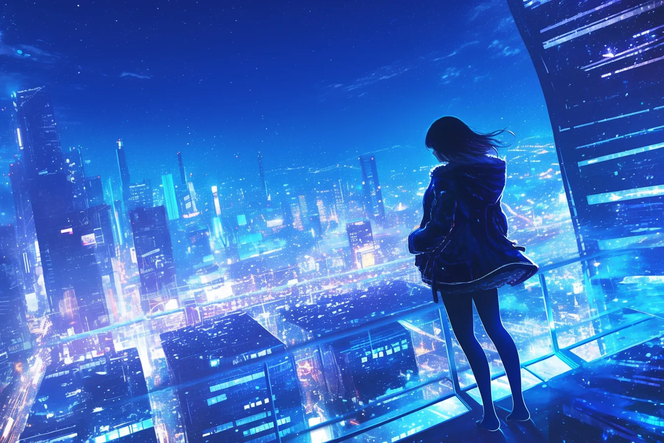 展望台から眺める綺麗な夜景｜人物シルエットと広大な都市の光が調和し、物語性を感じさせる構図。幻想的な雰囲気を演出する綺麗な夜景の素材です。