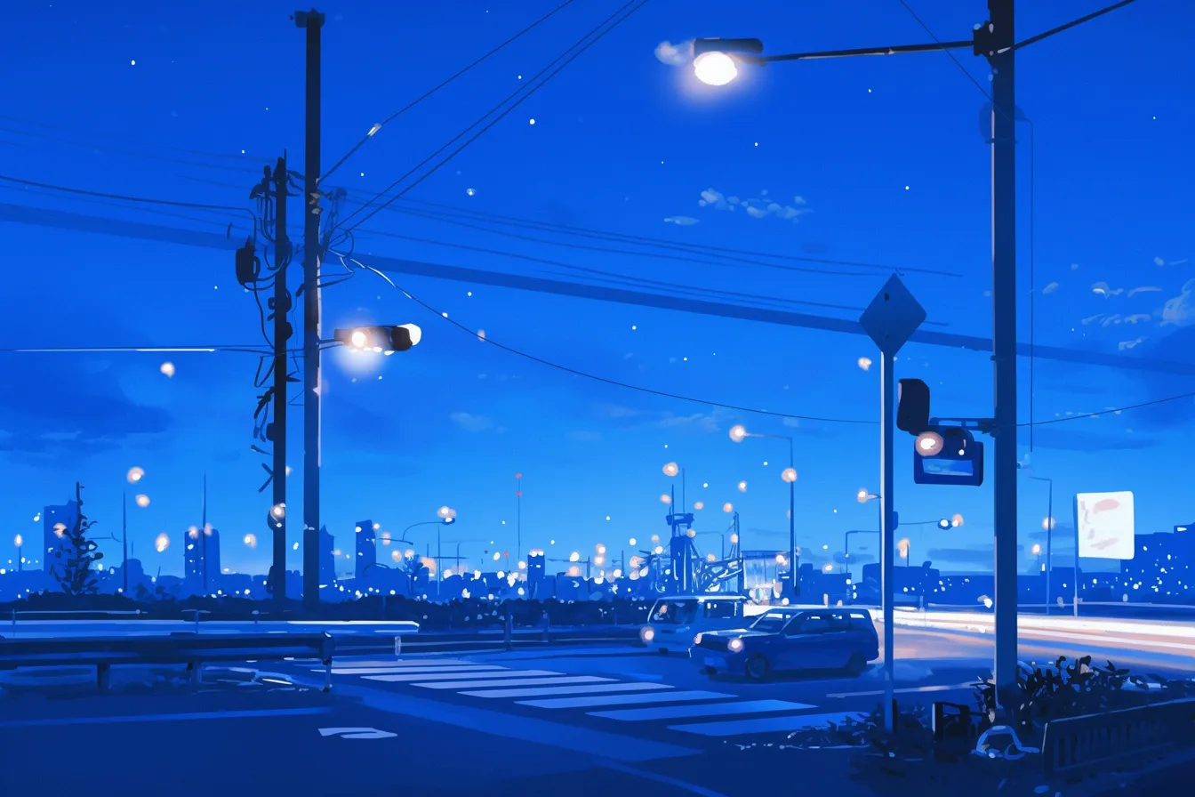 交差点と街灯の綺麗な夜景｜街灯や車の光が散りばめられた交差点のシーン。身近でありながら印象的に表現された綺麗な夜景の素材として使いやすいです。