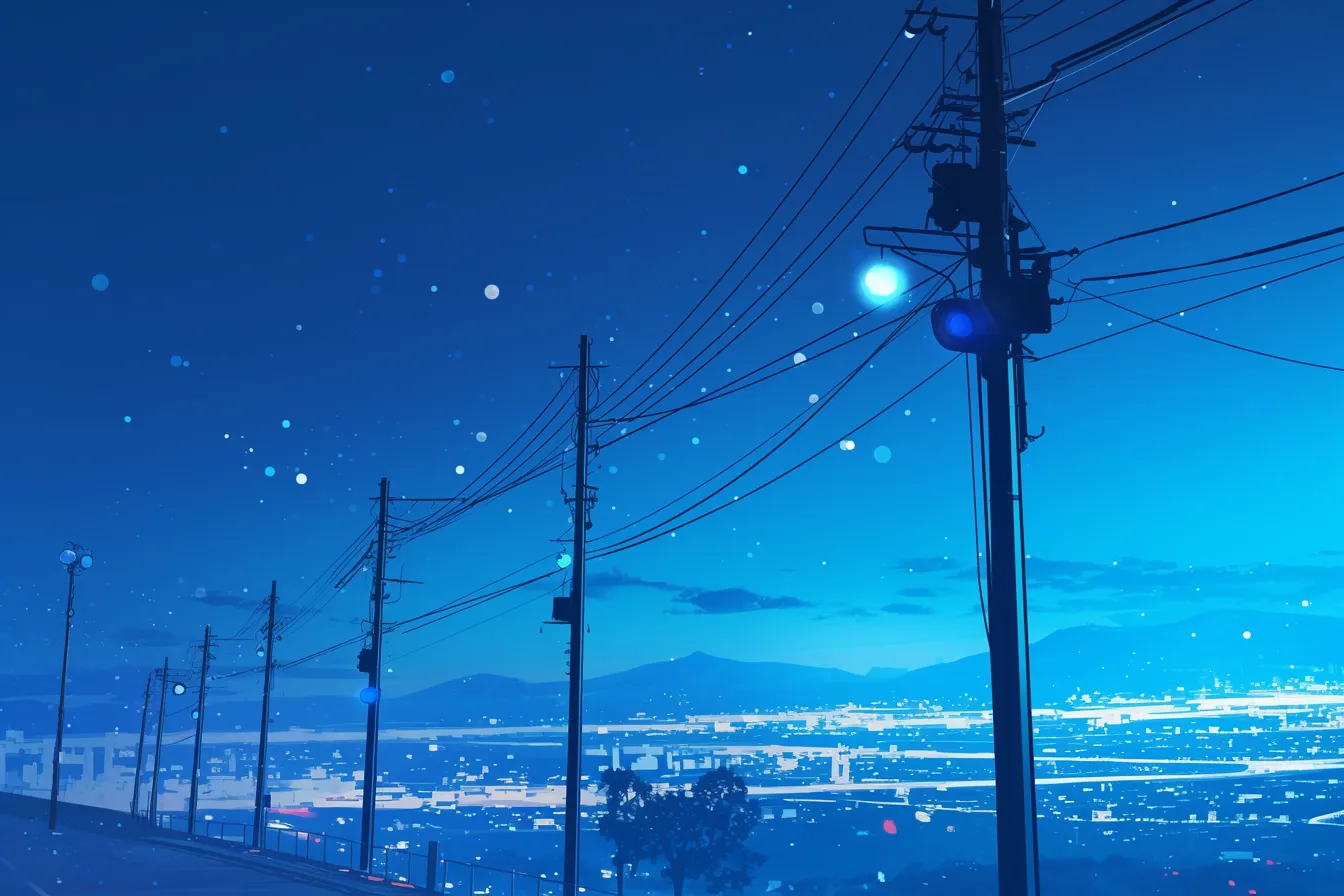 坂道の街明かりと電柱の綺麗な夜景｜坂道に並ぶ電柱と遠景の街明かりが繊細に描かれています。奥行き感のある構図で、静と動が調和する綺麗な夜景の写真素材です。