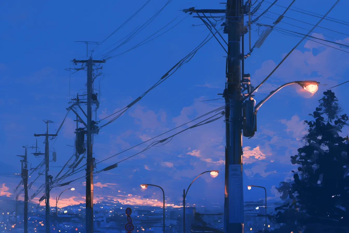 夕暮れの電柱と街灯の綺麗な夜景｜温かな街灯と濃紺の空が対比的に表現され、郊外の穏やかな雰囲気を伝えます。日常に近い印象を持つ綺麗な夜景の素材です。