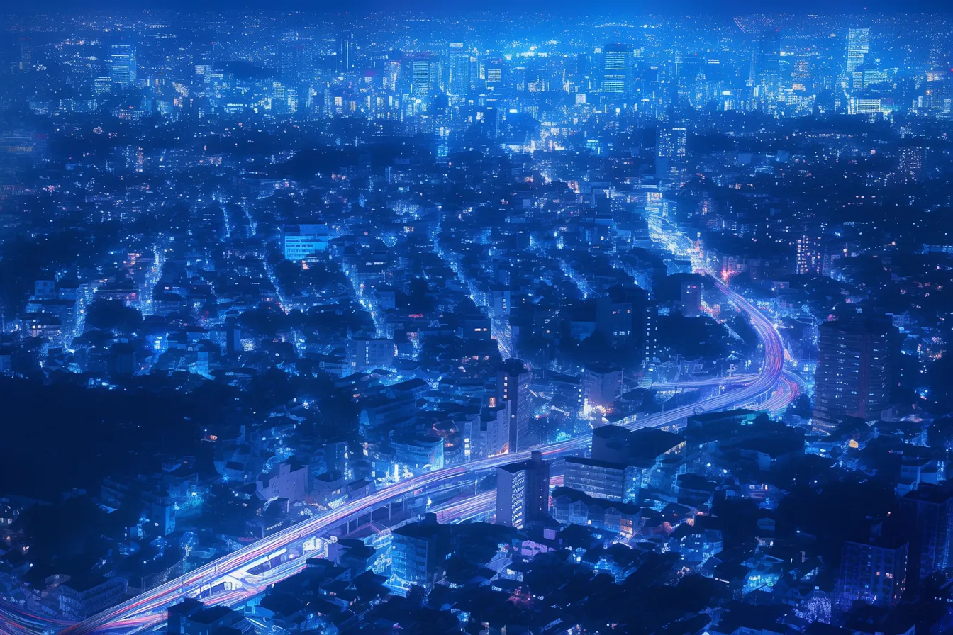 都市を一望する高速道路の綺麗な夜景｜都市全体を俯瞰した視点で、光の流れが強調された高速道路が特徴的。ダイナミックな広がりを持つ綺麗な夜景の写真素材です。