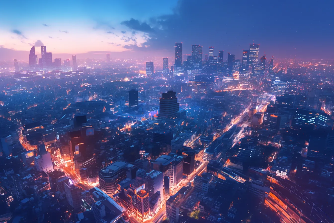 夕暮れ都市と灯火が輝く綺麗な夜景｜オレンジとブルーのグラデーションが都市の光と融合し、幻想的な風景を演出。色彩の調和が美しい綺麗な夜景の素材です。