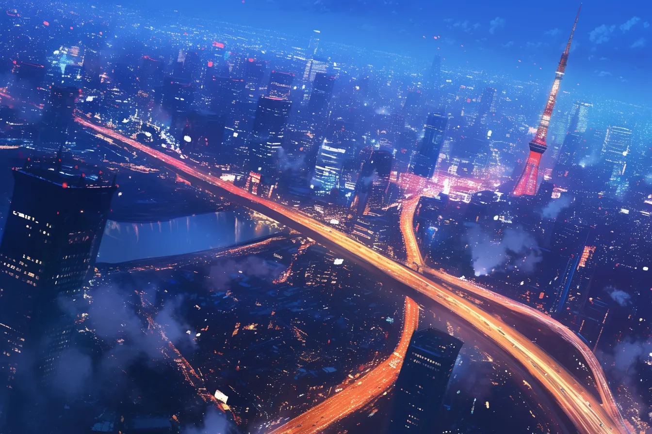 東京タワーと高速道路の綺麗な夜景｜東京タワーを中心に高速道路の光跡が輝く構図。都市のシンボルと近代的インフラが融合した綺麗な夜景の素材として視覚的なインパクトがあります。
