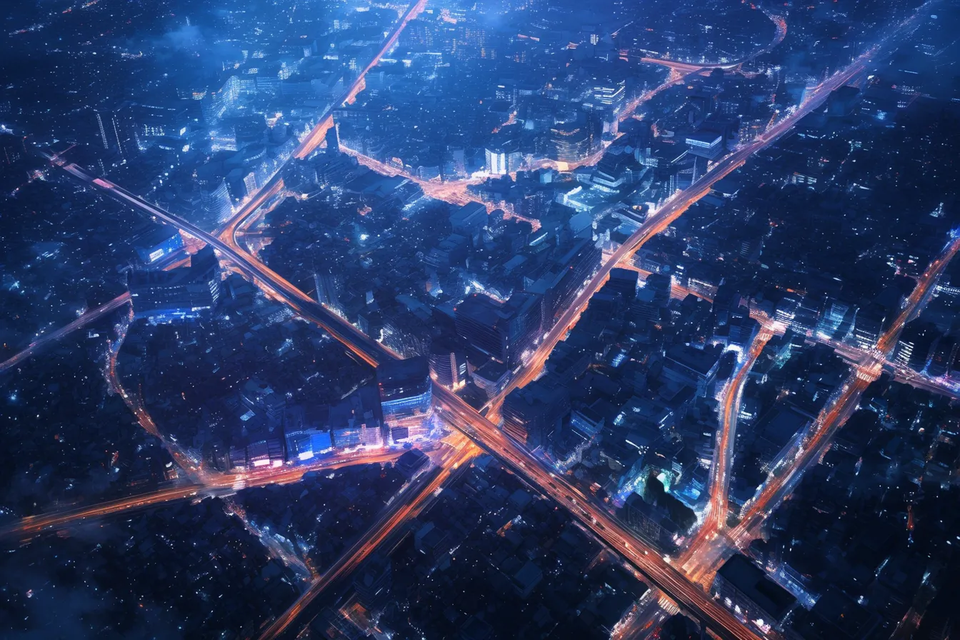 交差する高速道路の綺麗な夜景｜上空から俯瞰した高速道路の交差が複雑に光を描き、都市のエネルギーを感じさせます。迫力と秩序を両立した綺麗な夜景の写真素材です。