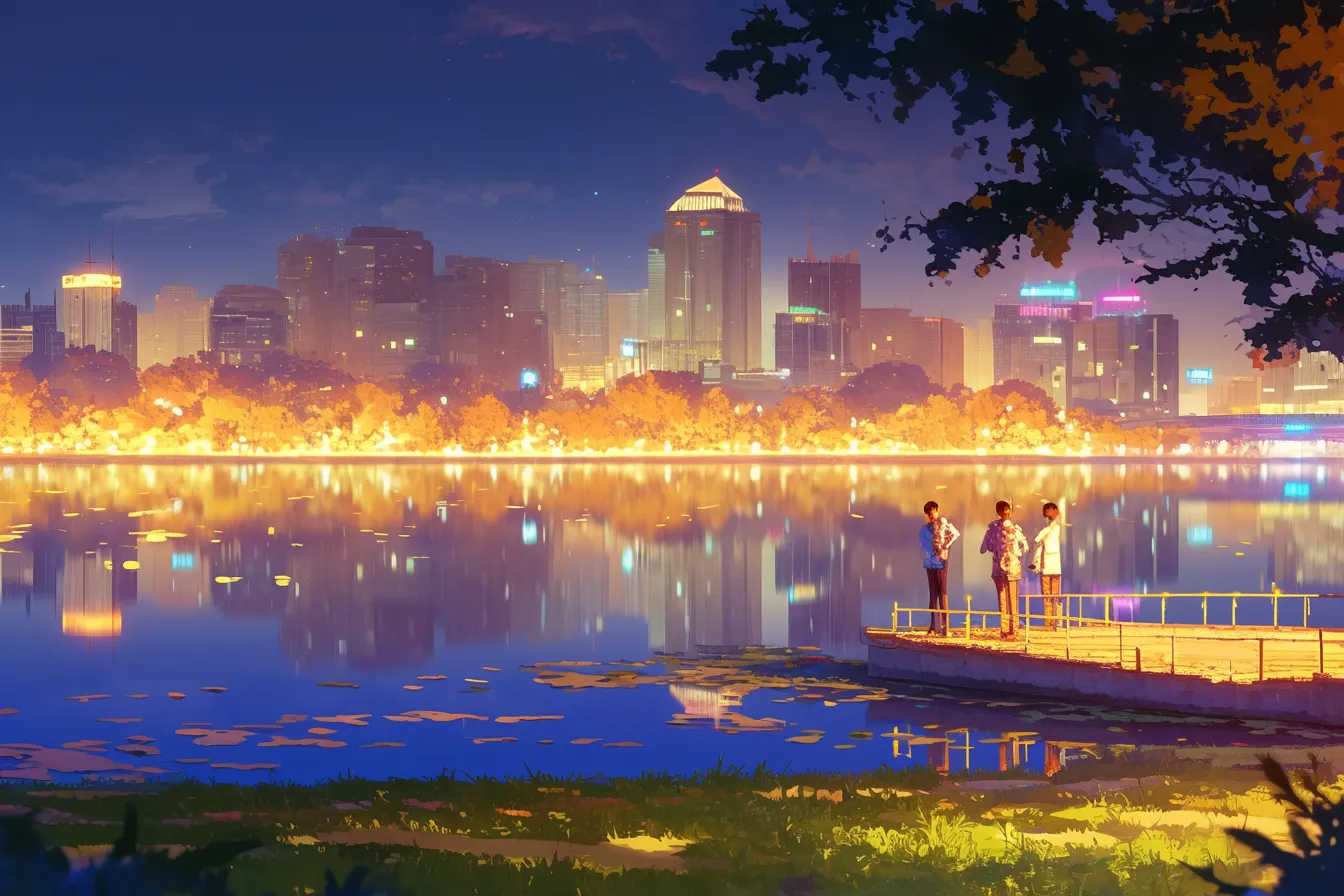 湖畔から眺める都会の綺麗な夜景｜湖畔に立つ人々と都会の光が水面に映し出され、温かみのある物語性を加えています。印象的で利用価値の高い綺麗な夜景の素材です。