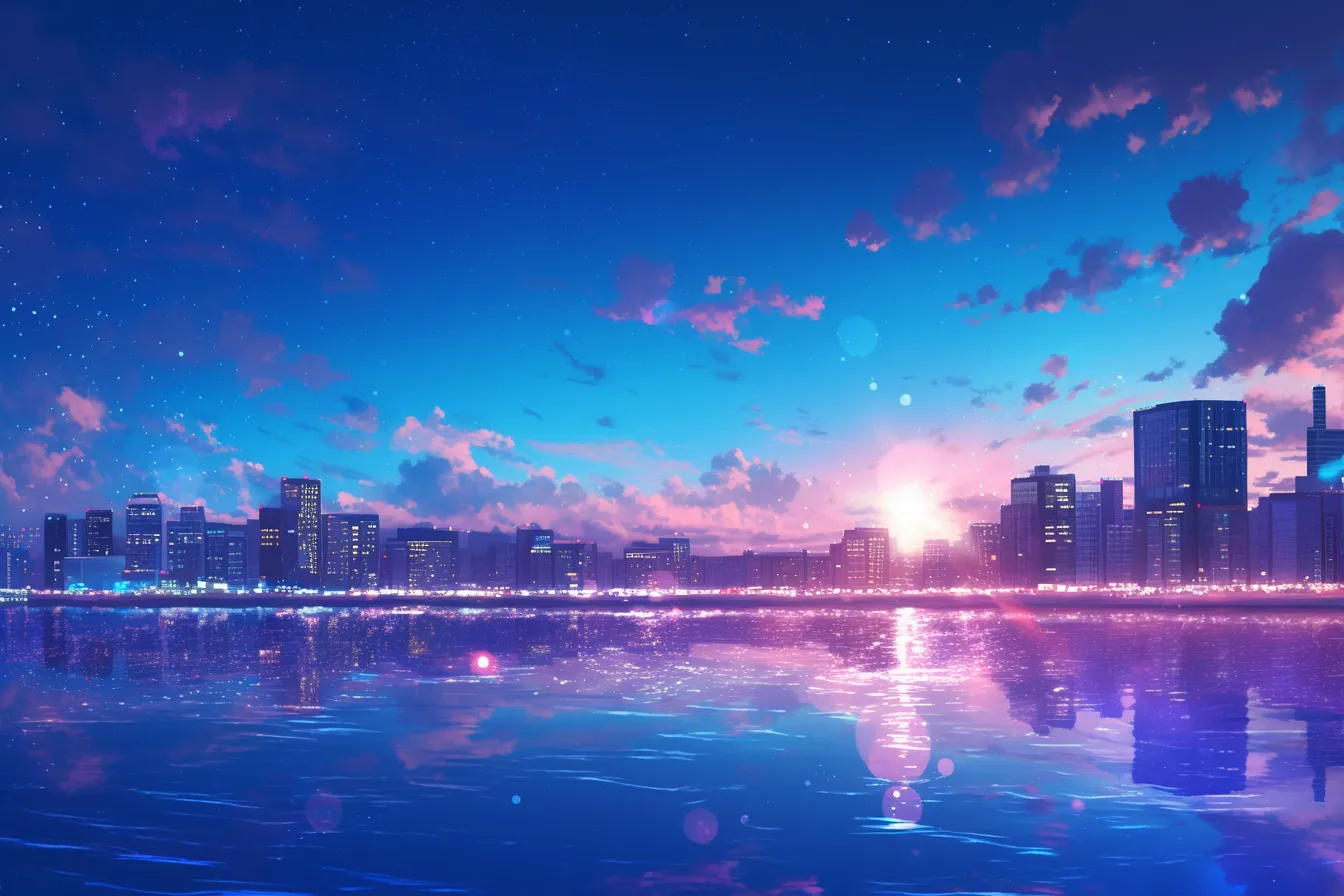 夕暮れの都市と水辺の綺麗な夜景｜夕日と夜景が重なり、青とピンクの色彩が幻想的に表現されています。自然と都市が共存する綺麗な夜景の写真素材です。