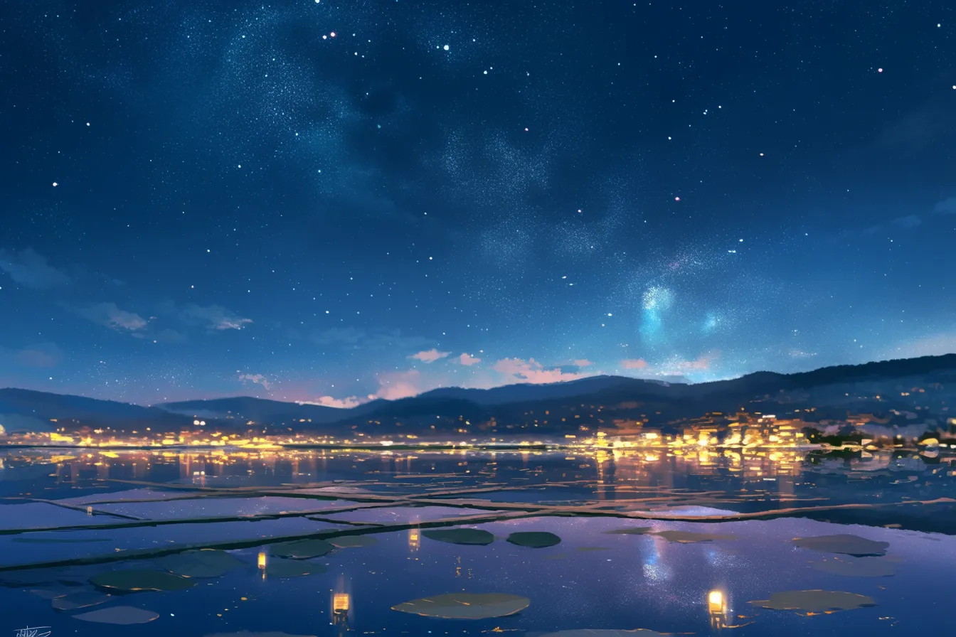 湖と星空が輝く綺麗な夜景｜湖面に広がる星空と遠くの街明かりが幻想的に調和しています。自然と都市の光が共存する綺麗な夜景の素材です。