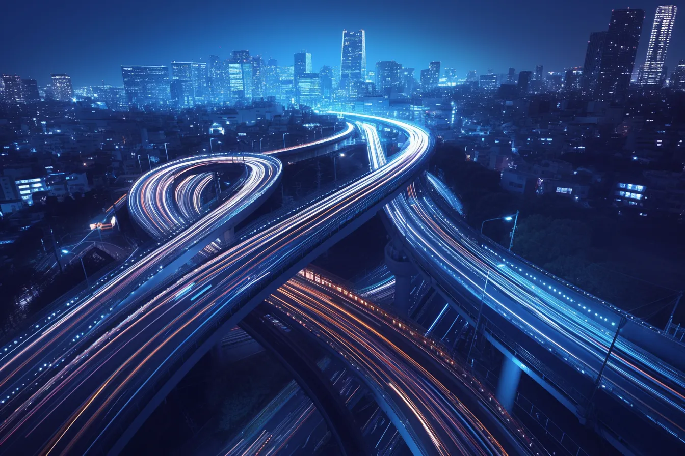 高速道路の曲線美が映える綺麗な夜景｜立体的に交差する高速道路の光跡が美しく描かれ、都市のダイナミズムを強調する綺麗な夜景の写真素材です。
