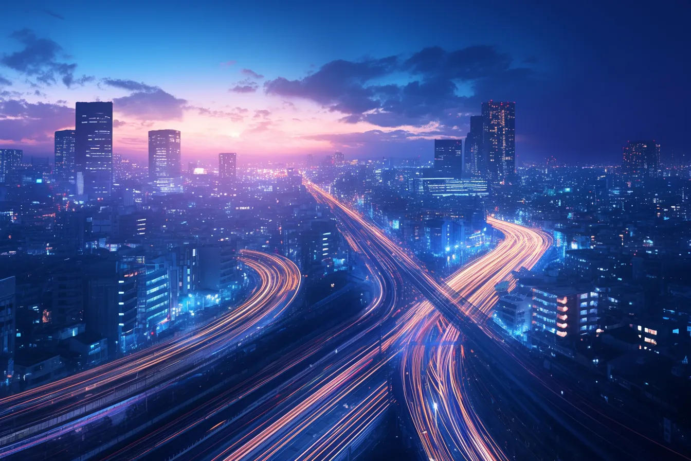夕暮れ都市と交差道路の綺麗な夜景｜夕焼けの空と流れる車の光が織りなすコントラストが印象的。都会的な活気を象徴する綺麗な夜景の素材です。