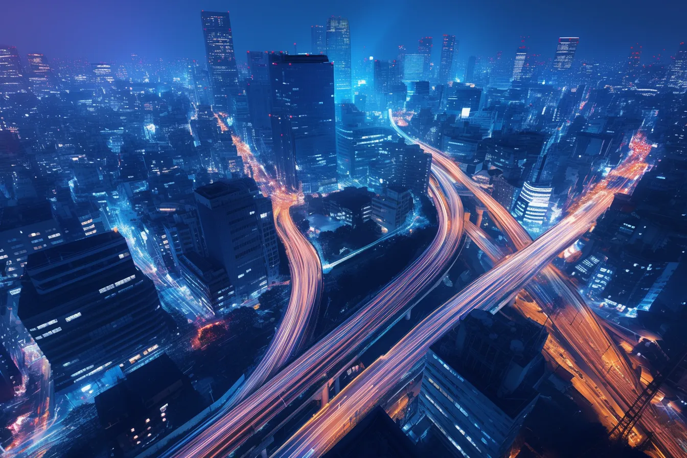 交差する光の流れが美しい綺麗な夜景｜複雑に交わる高速道路を俯瞰でとらえ、都市全体が活気に包まれる様子を描いた綺麗な夜景の素材です。