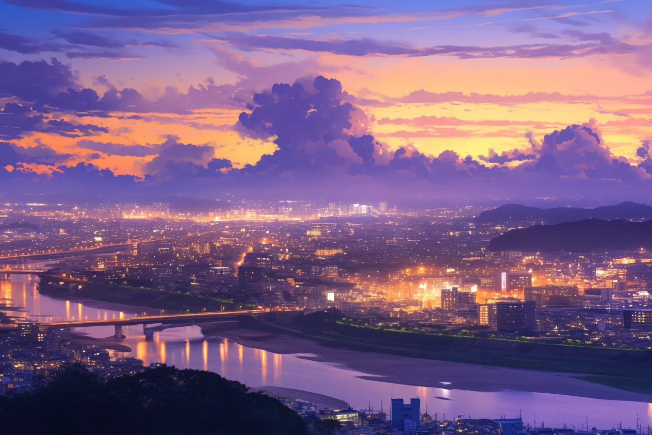 夕焼けと街明かりが重なる綺麗な夜景｜紫とオレンジの空に街の灯りが溶け込み、柔らかくも力強い雰囲気を持つ綺麗な夜景の素材です。