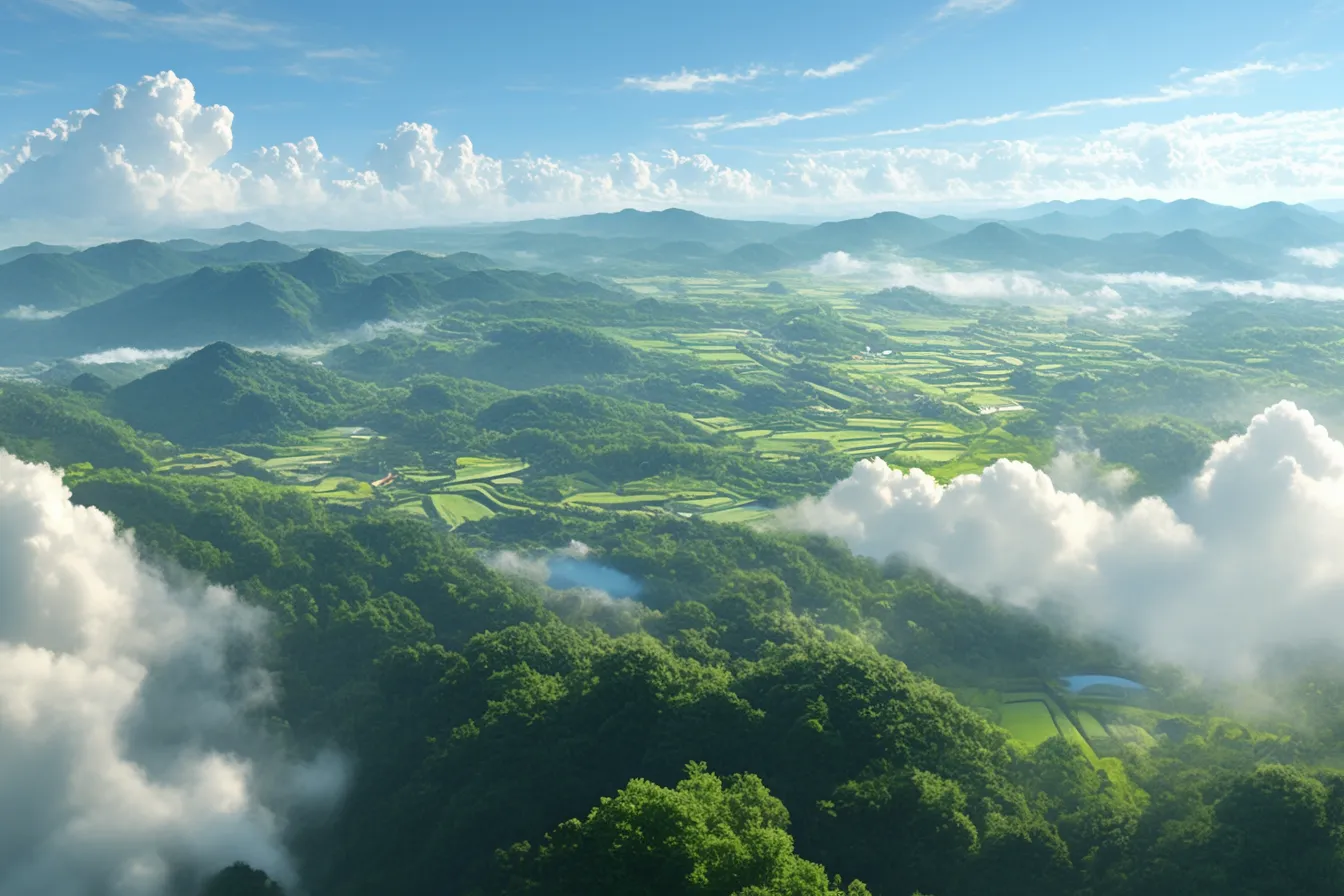 山と棚田が広がる綺麗な景色｜山々と雲、棚田が広がる構図は日本的な田園美を感じさせ、郷愁や自然の豊かさを表現する綺麗な景色の素材として有効です。
