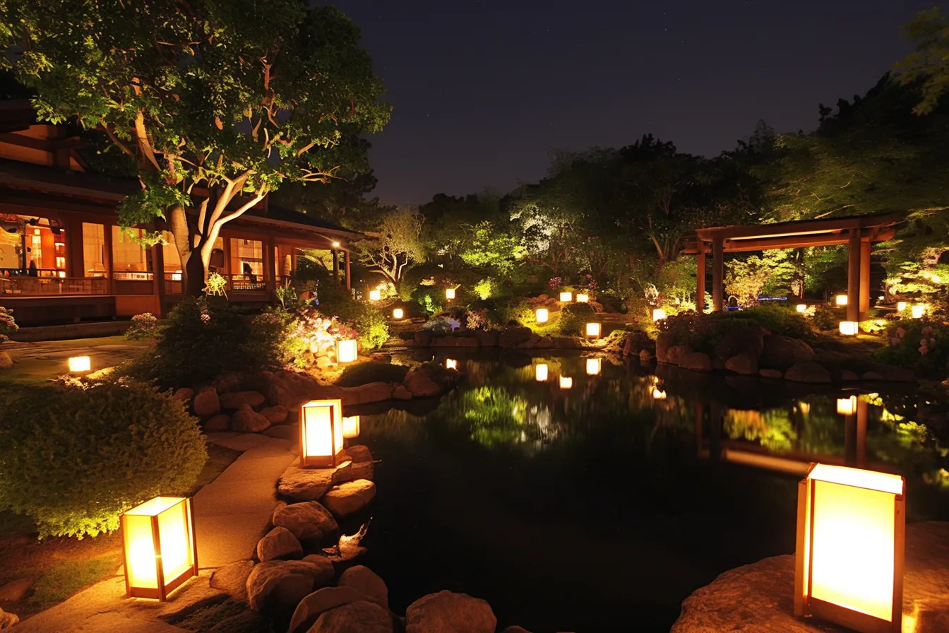 日本庭園の灯りが映える綺麗な夜景｜庭園に並ぶ灯篭の光が池に映り、落ち着いた雰囲気を演出。和の空間を象徴する綺麗な夜景の写真素材です。