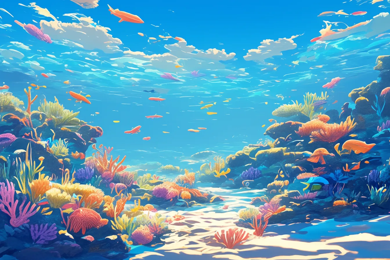 綺麗な海の中とカラフルな魚たち｜透き通る水中に鮮やかな魚とサンゴが広がり、生命力あふれる綺麗な海の中を描いた写真素材です。リゾートや環境保護の表現に適しています。