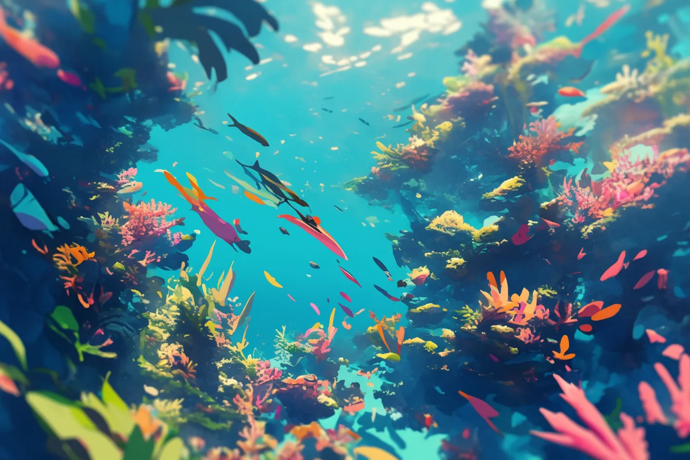 綺麗な海の中と熱帯魚の群れ｜色鮮やかな熱帯魚が躍動する光景を描いた綺麗な海の中の素材です。ダイナミックな構図が印象的で観光や体験型コンテンツに活用可能です。