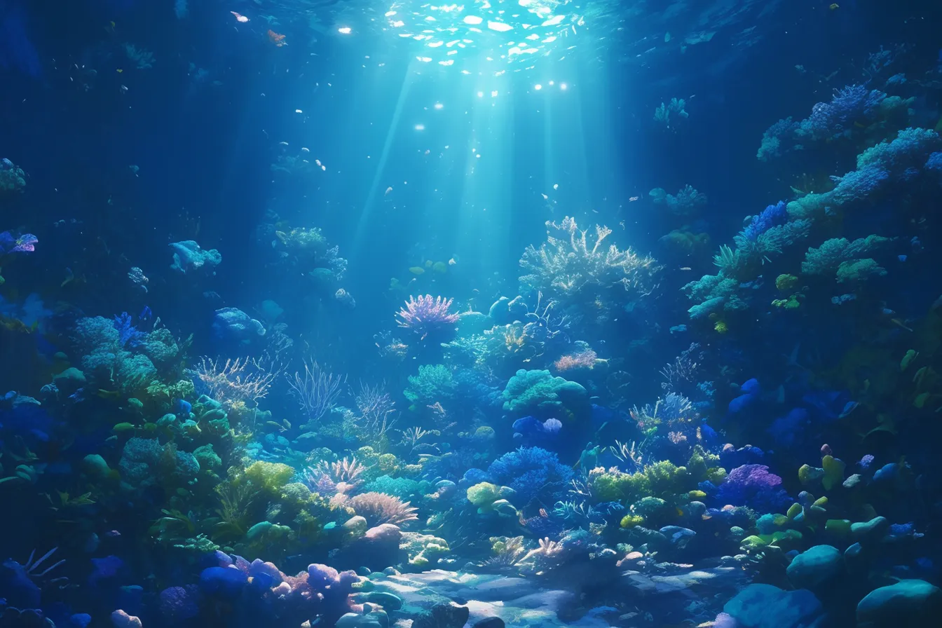 綺麗な海の中と光に包まれる珊瑚｜水中に降り注ぐ光が珊瑚を際立たせ、静謐な雰囲気を演出する綺麗な海の中の素材です。癒しや神秘を強調するデザインに適しています。