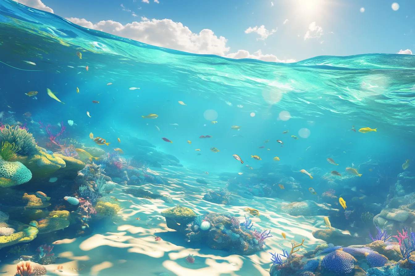 綺麗な海の中と太陽に照らされた砂地｜水面の輝きと砂地に映る模様が美しい綺麗な海の中の素材です。開放感があり、観光やリゾートのプロモーションにぴったりです。