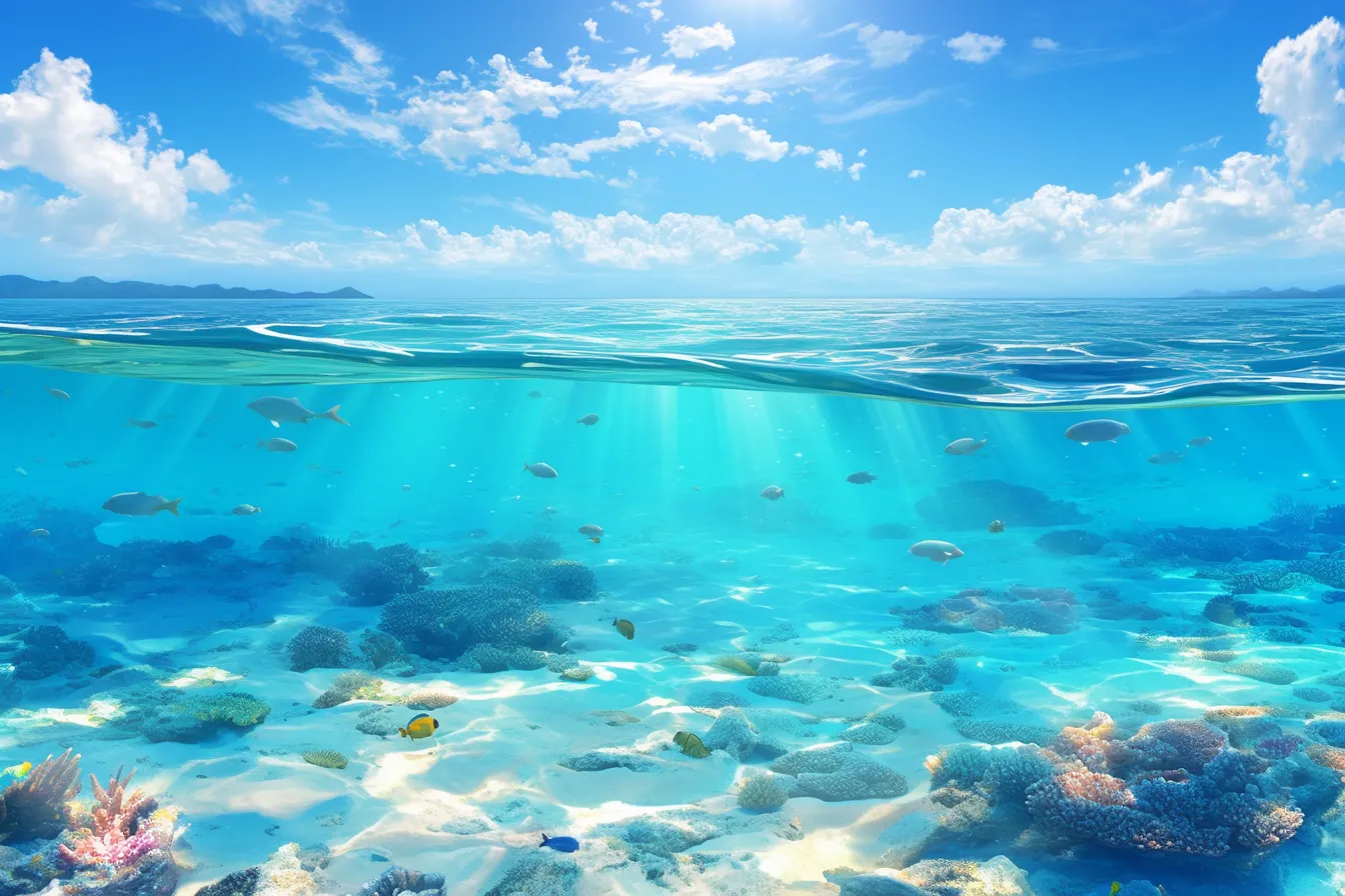 綺麗な海の中と浅瀬に泳ぐ魚たち｜透き通る水面下に広がる景色と魚群が明るく描かれた綺麗な海の中の素材です。清潔感のあるビジュアルを必要とする場面に有効です。
